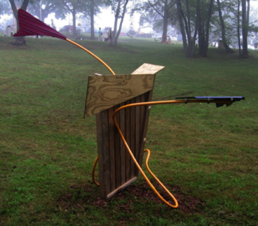 Up . . . & About
Wood, Steel, Vinyl, 
Hardware, Paint
12&rsquo;L. x 4&rsquo;8&rdquo;W. x 8&rsquo;10&rdquo;H.
2009